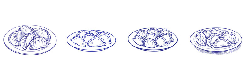 Set of Plates of varenyky dumplings in hand-drawn style on white background  