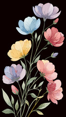 Elegant Watercolor Floral Illustration of Pastel Wildflowers with Delicate Stems and Leaves Isolated on White Background