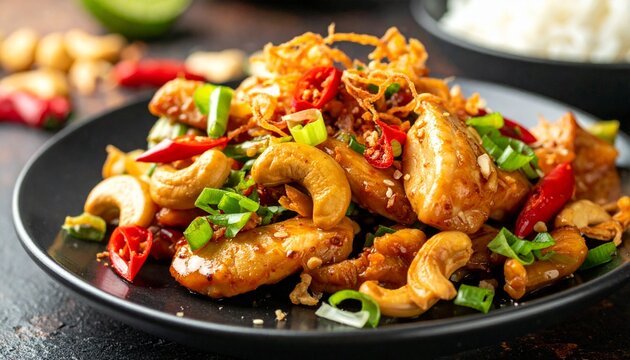 Spicy Thai Cashew Chicken Stir-Fry Dish on Black Plate