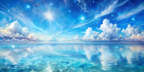 Image: Ethereal Starry Night Seascape Dreamy Ethereal Seascape with Bright Morning Star and Sparkling Galaxy over Calm Reflective Ocean Waters