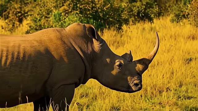 A close-up of a majestic rhinoceros grazing in a sunlit savanna, showcasing its textured skin and strong horn against golden grass