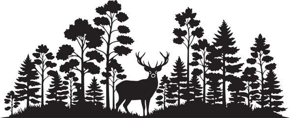 Majestic Deer Stag Silhouette with Forest Landscape on White Background.