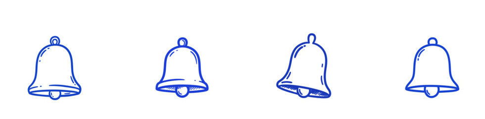 Blue outline bell icons in various positions and sizes  