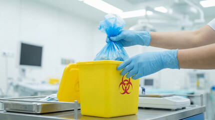Clinical risk management showing secure disposal of medical waste inside hospital operating room for safety