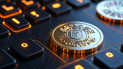 Close-up of Cryptocurrency Coins on Glowing Keyboard