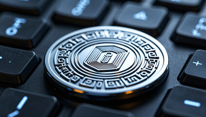 Close-up of metallic token with security icon on keyboard