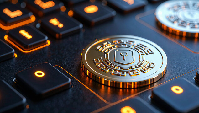 Close-up of Cryptocurrency Coins on Glowing Keyboard - Powered by Adobe