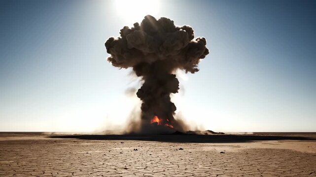 Nuclear explosion creates mushroom cloud rising over cracked desert ground. Atomic bomb detonates on desert with fire. Nuclear blast forms mushroom cloud. Desert explosion with atomic fire.