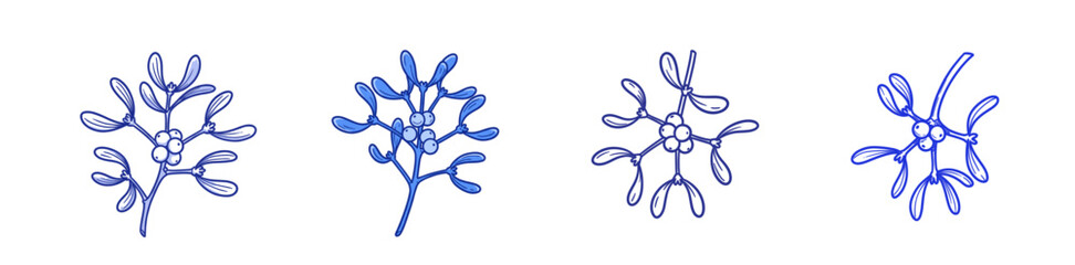 Mistletoe illustrations in blue abstract style on white background  