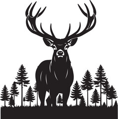 Majestic Deer Stag Silhouette with Forest Landscape on White Background.