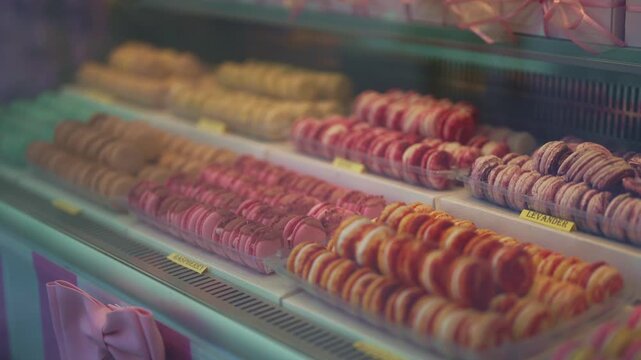 Colorful French macaroons in a pastry shop.