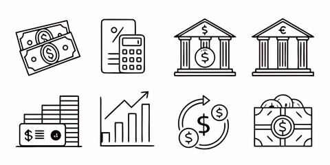 Financial Savings Icon Set Minimalist Black and White Financial Icon Set Featuring Piggy Bank, Money Bag, Cash Stacks, and Growth Graph