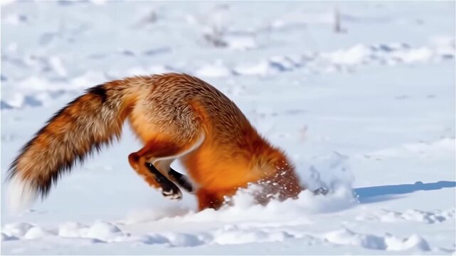 A red fox leaping through fresh snow while hunting for prey in a winter landscape