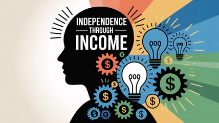 Silhouette head with gears lightbulbs and colorful rays displaying "INDEPENDENCE THROUGH INCOME" text