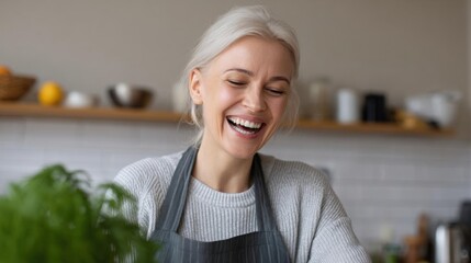 Young woman with blonde hair, wearing a grey apron, in a kitchen. she is laughing and appears to be enjoying herself.