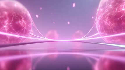 Ethereal glowing spheres in pink and purple hues intertwined with bright light pathways on a shimmering reflective base evoking advanced molecular or digital concepts