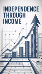 Sketch style bar chart and rising arrow displaying "INDEPENDENCE THROUGH INCOME" text for business growth