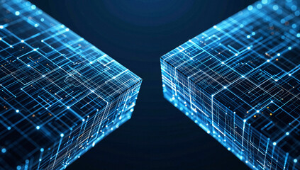 Two Glowing Blue Digital Cubes with Wireframe Design