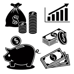 Financial Savings Icon Set Minimalist Black and White Financial Icon Set Featuring Piggy Bank, Money Bag, Cash Stacks, and Growth Graph