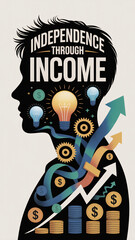 Silhouette profile of man with business icons and "INDEPENDENCE THROUGH INCOME" text symbolizing financial mindset