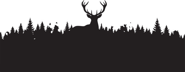 Majestic Deer Stag Silhouette with Forest Landscape on White Background.