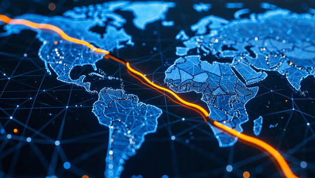 Digital Globe with Bright Orange Data Path - Powered by Adobe