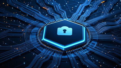 Digital Circuitry with Central Lock Icon in Blue and Black