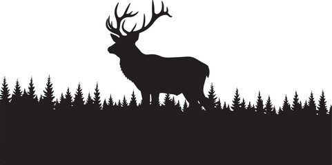 Majestic Deer Stag Silhouette with Forest Landscape on White Background.