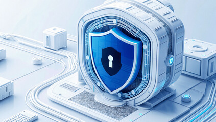 Futuristic Shield Icon on Digital Circuit Board Background