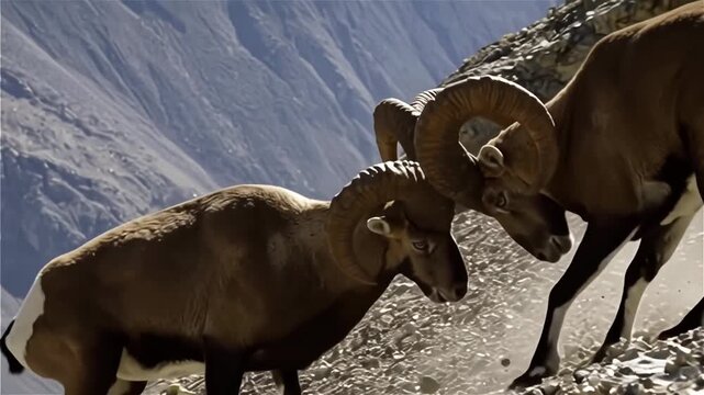 Two majestic rams with large, curved horns engage in a posturing display on rocky terrain against a backdrop of mountains