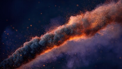 Fiery Smoke Trail Emits Sparks Against Dark Blue Background with Purple Haze and Bokeh Lights
