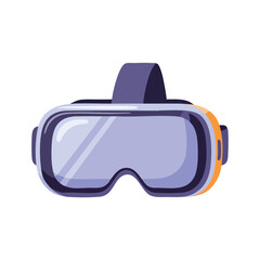 Flat illustration of purple and orange virtual reality goggles on a white background with a modern tech feel.