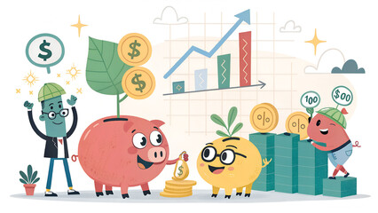 Fototapeta premium set of icons for business,: Personal Finance and Savings Illustration , Playful Vector Illustration of Piggy Bank and Cute Characters Representing Personal Savings and Financia