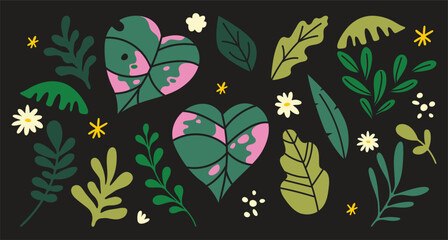 Set of Hand drawn tropical green leaves of various shapes isolated on dark background. Various botanical elements for seasonal design, greeting cards, posters, packaging, stickers