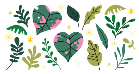 Set of Hand drawn tropical green leaves of various shapes isolated on white background. Various botanical elements for seasonal design, greeting cards, posters, packaging, stickers