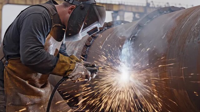 Welder wearing protective gear fuses large metal pipe sections outdoors amidst sparks