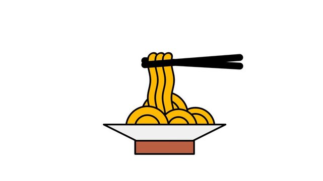 A bowl of yellow noodles is being lifted by a pair of black chopsticks with steam rising from the hot food against a plain white square backdrop.