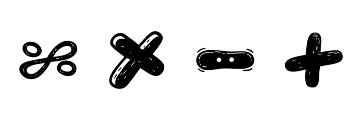 Mathematical Symbols In Hand Drawn Style Set. Arithmetic Operations, Calculation, And Mathematical Concepts Doodle Sketch Collection. Educational Tools. Isolated Vector Illustration