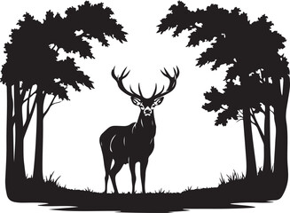 Majestic Deer Stag Silhouette with Forest Landscape on White Background.