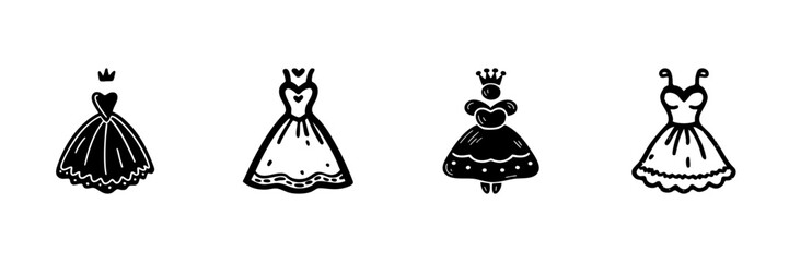 Naklejka premium Princess Dresses And Crowns In Hand Drawn Style Set. Fairytale Fashion, Royalty, And Costume Design Doodle Sketch Collection. Elegant And Whimsical. Isolated Vector Illustration