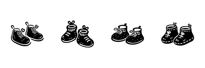 Baby Shoes Collection In Hand Drawn Style Set. Infant Footwear, Cute Baby Booties, Newborn Fashion Doodle Sketch Collection. Adorable Baby Accessories. Isolated Vector Illustration
