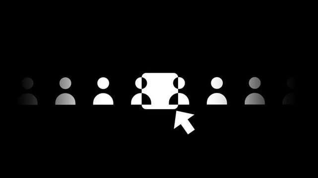 The interface shows a white cursor as it moves to pick the user icon which is highlighted inside a bright square while others fade into the black.