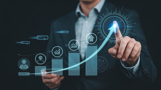 High-tech business interface showing strategic planning icons, upward arrows, and timeline moving into the future. Anonymous executive interacting with holographic dashboard.