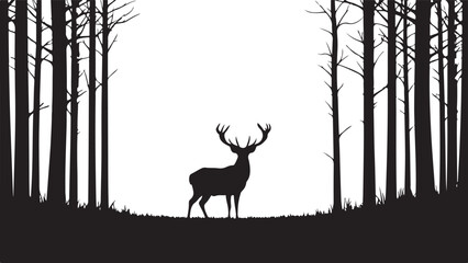 Majestic Deer Stag Silhouette with Forest Landscape on White Background.