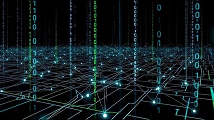 A futuristic digital landscape with binary code and network connections viewed from above - Powered by Adobe