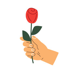 hand holding red rose, romantic gesture, perfect for Valentine&rsquo;s Day designs, greeting cards, posters, prints, invitations, and love themed creative projects - vector illustration