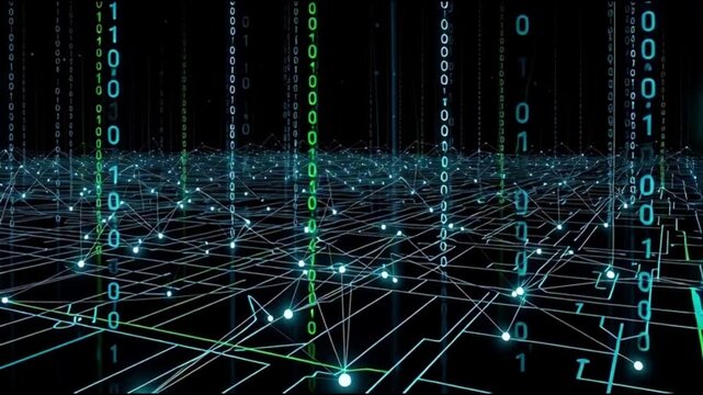 A futuristic digital landscape with binary code and network connections viewed from above