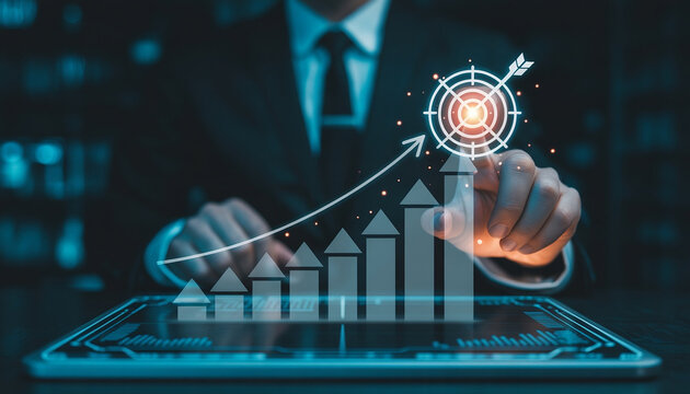 High-tech business interface showing strategic planning icons, upward arrows, and timeline moving into the future. Anonymous executive interacting with holographic dashboard.