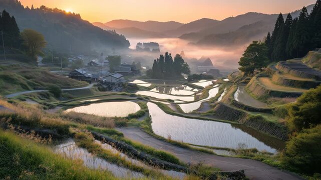 朝日差す棚田の谷を包む薄い霧の風景