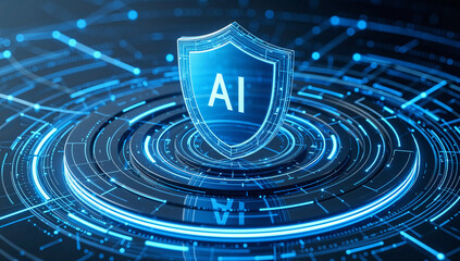 Blue Shield with AI Symbol on Digital Circuit Background